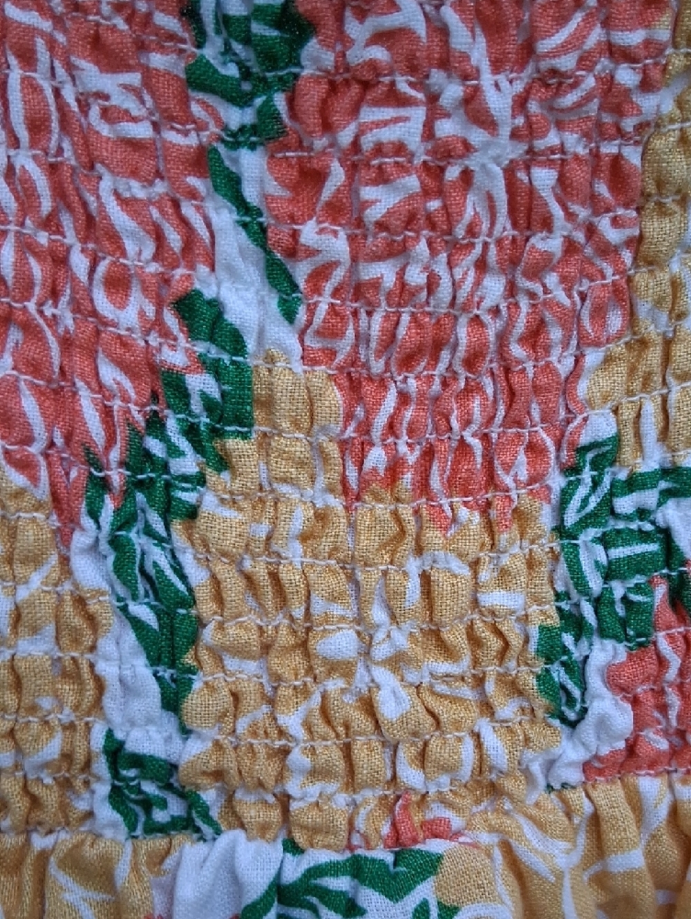 Smocked Puff-Sleeve Mini Dress - Yellow & Coral Floral 100% Linen Sz ( M ) - Picture 7 of 10
